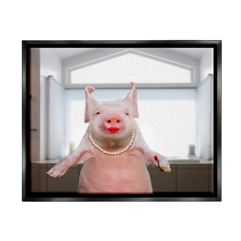 «Glam Pig in Rouge à lèvres» par Lund Roeser - impression, H 17 po x l 21 po x P 1,7 po, Cadre flottant noir de jais