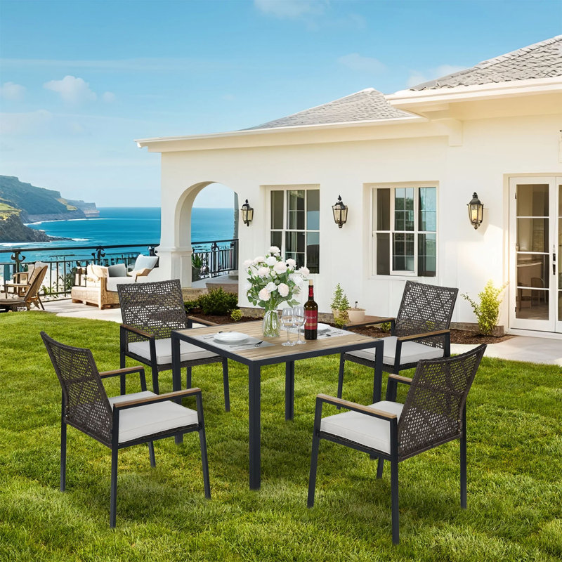 Square 4 - Person 35.43" Long Steel Dining Set With Cushions, Blue Cushion/Light Gray Frame