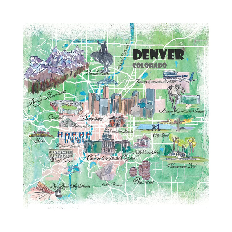 Denver Colorado USA Illustrated Map by Markus & Martina Bleichner - Wrapped Canvas Print
