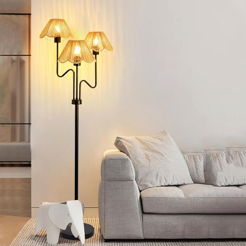 Lampe sur pied en rotin Boho avec télécommande, lampe d'arbre réglable à 3 lumières, ampoules à DEL à intensité variable, parfaite pour le salon et la chambre à coucher