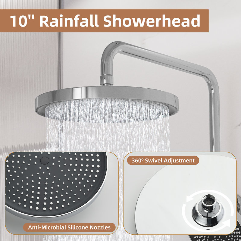 3-Function Rose Gold Shower System with Tub Spout, 10" Rainfall Head & Handheld, 1.59 GPM, CUPC/NSF Certified, Adjustable Height, Available in Matte Black & Chrome