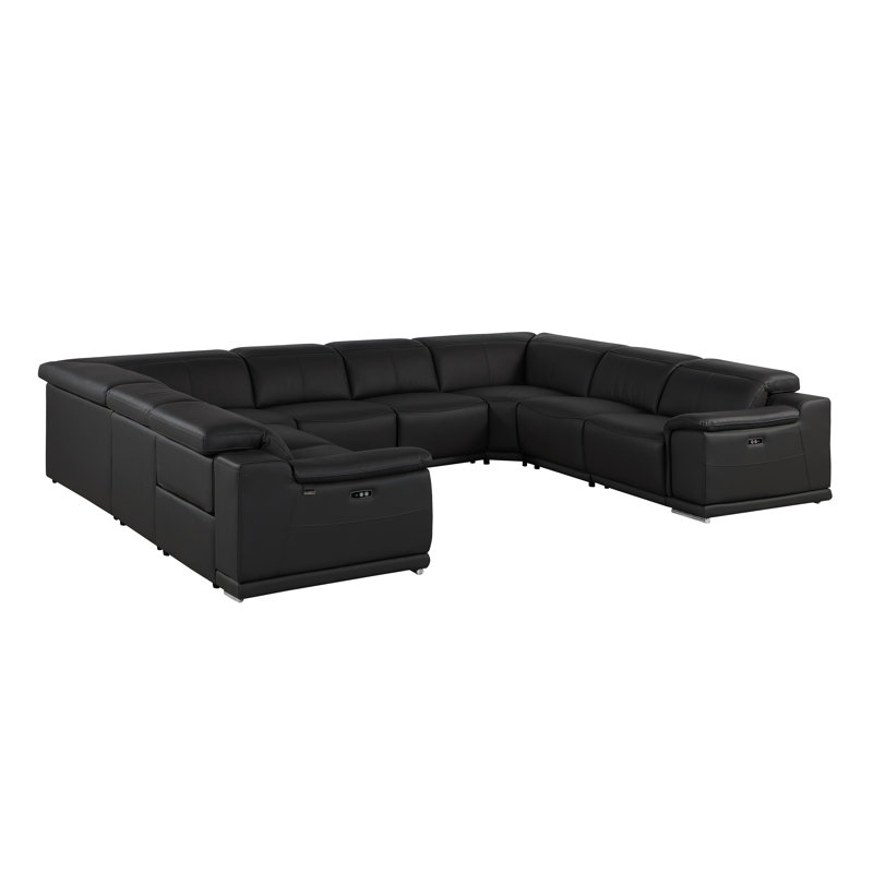 Lily 8 Piece 4 Power Top Grain Italian Leather Sectional, Black Genuine Leather
