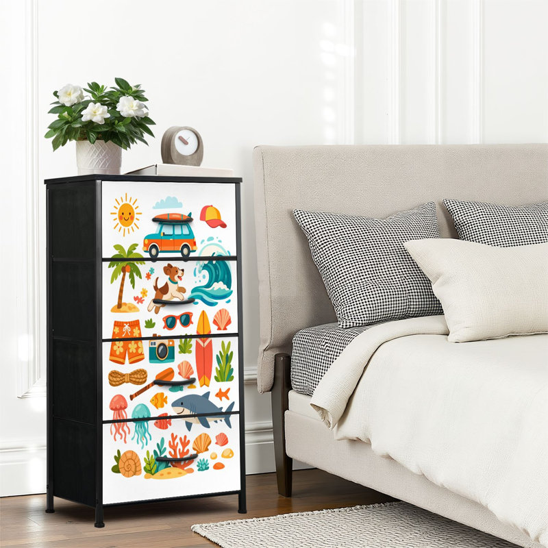 Commode 4 tiroirs pour chambre à coucher, commode étroite, plateau en bois et structure de bureau en fer 18 po x 37,5 po - (l x H) - avec dessin de plage Doodle