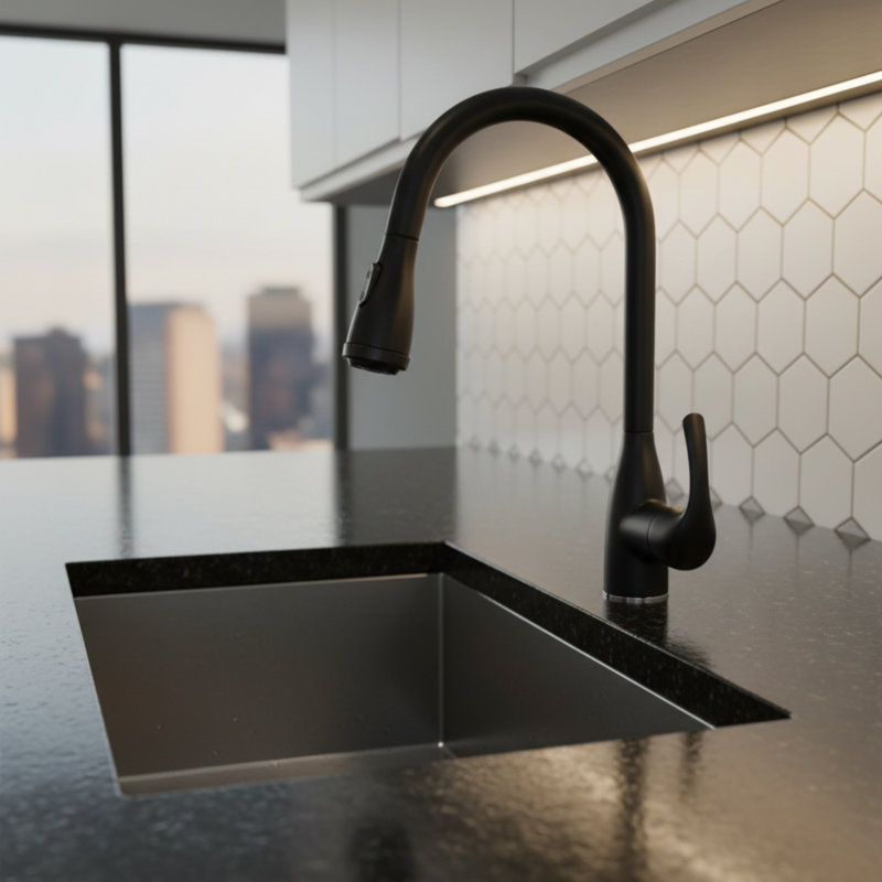 High-Arc Single-Handle Matte Black Faucet, With A Flexible And Convenient Pull-Down Spray Head, And Four Water Modes To Meet Diverse Cleaning Needs.