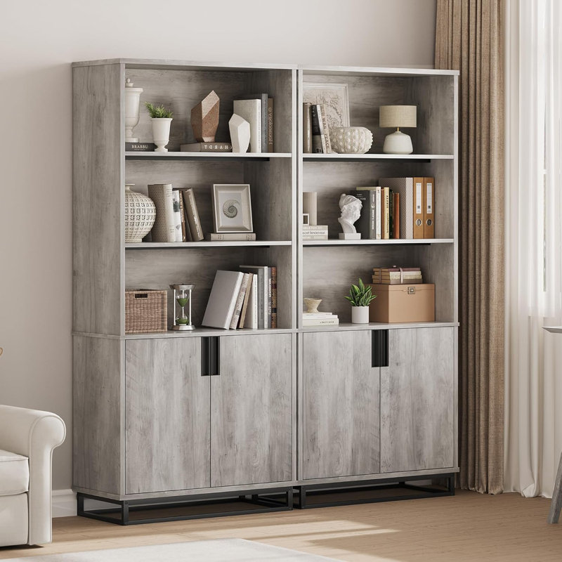 70.8" Rustic Tall Bookcase with Doors, 5-Tier Wooden Bookshelf with Adjustable Shelves & Metal Legs