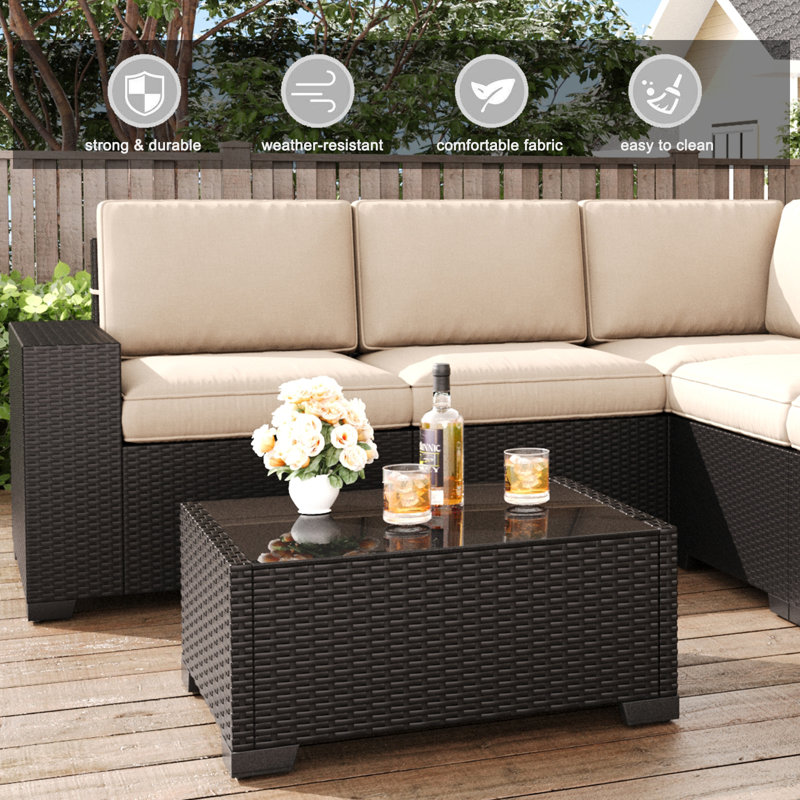  Ensemble de meubles de patio 6 pièces, ensemble de conversation modulaire en rotin noir, Beige, Noir