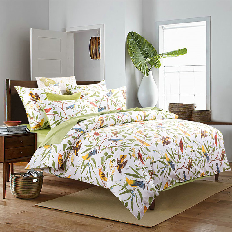 Ensemble de housse de couette 3 pièces (sans noyau), ensemble de literie pour housse de couette en coton de luxe à oiseaux et aquarelle