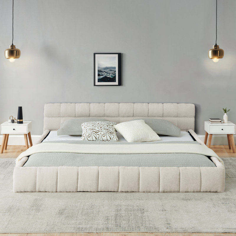 Beige King Upholstered Platform Bed With Soft Headboard, Thick Chenille, No Box Spring, Create A Peaceful Bedroom, Modern Simple Design
