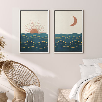 Sun and Moon " Shining Sun And Crescent Moon Over Teal Ocean Waves " 2 Piece Art Graphic Art Print