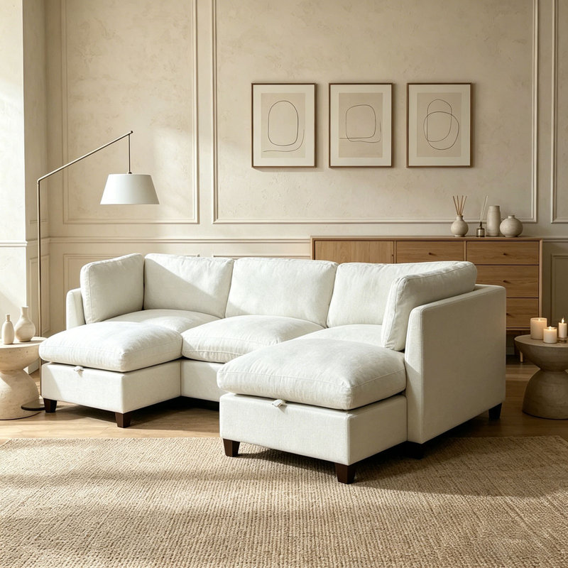 Canapé modulaire 96,5 po pour salon, canapé rembourré en chenille douce, Beige-2Ottman