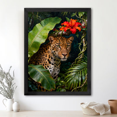 Reproduction d'art encadré noir rétro léopard de la jungle et hibiscus