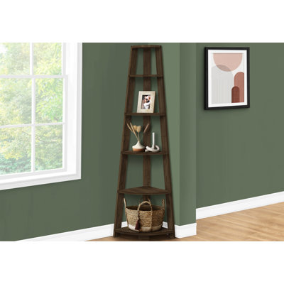 Walnut Laminate 5 Tier Corner Bookcase, 72"H, For Bedroom Use Modern 5 72" Height, Hallway Storage