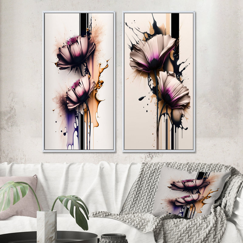 «Fleur de marguerite rose sur une fusion abstraite I», 2 pièces sur toile, Cadre blanc, H 20 po x l 24 po