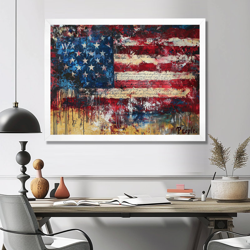 Krystalee, drapeau des États-Unis, patriotisme, aquarelle, H 34 po x l 44 po, Blanc, Floater Framed