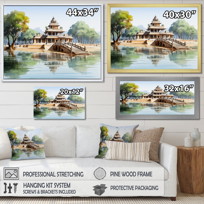 «Vietnam Temple Lotus Pond Serenity - China Art», art mural, Cadre doré à coins fermés, H 24 po x l 32 po x P 1 po