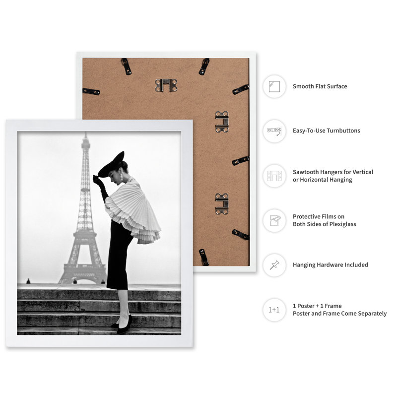 Femme élégante et tour Eiffel, 24"H x 32"W, Poster, White Framed