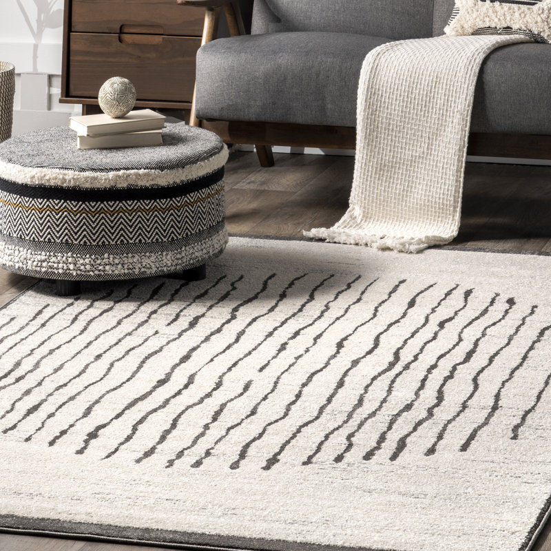 Tapis rayé Shireen pour le salon, la chambre et la cuisine, beige / ivoire, Rectangle 8 pi x 10 pi