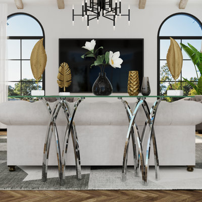 Silver Console Table With 60" Tempered Glass Top, Polished Stainless Steel Crown-Leg Design, Modern Sofa Table For Entryway, Living Room, Hallway