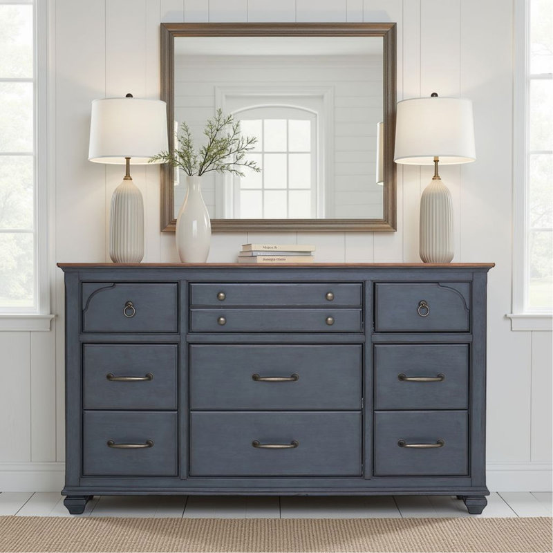Commode 9 tiroirs Americana, aucun assemblage requis, finition bleu velours côtelé