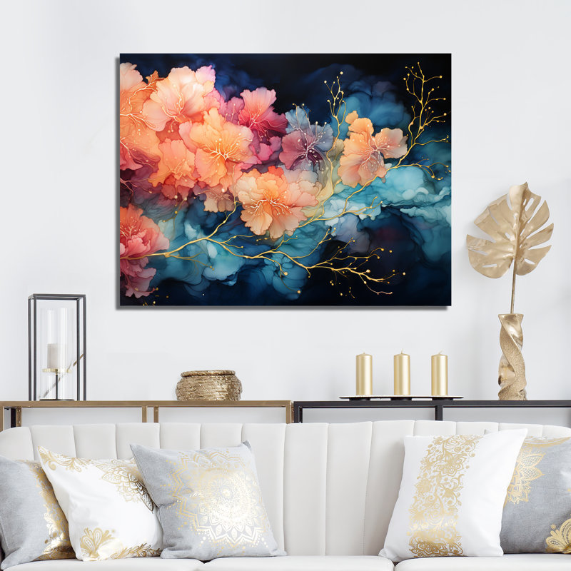 Céleste, corail et ciel bleu, impression sur toile, Toile tendue, H 34 po x l 44 po x P 1,5 po