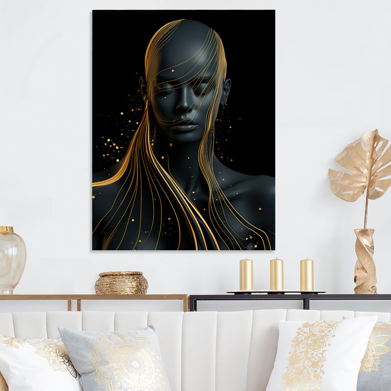 Céleste femme dorée et noire, portrait IV - mode, art en métal, H 40 po x l 30 po x P 1,5 po