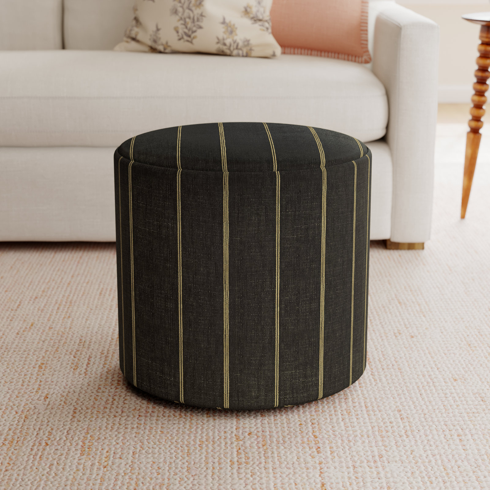 Epaulette Upholstered Ottoman, Fritz Peppercorn Stripe