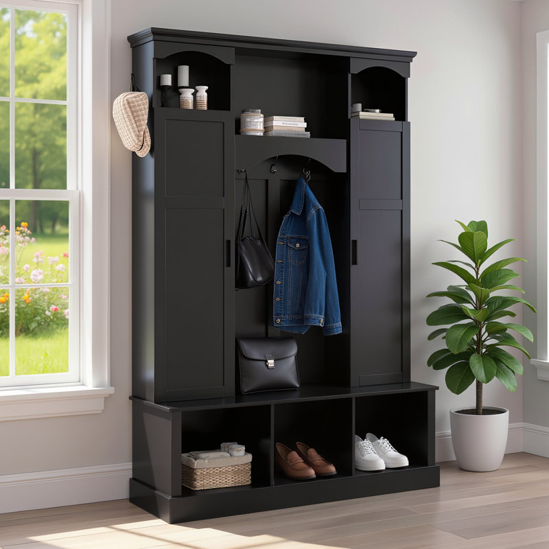 Modern Integrated Coat Rack For Entryways With Adjustable Shelves; Farmhouse-Style Storage Bench With Cabinet And Seven Hooks; Black.