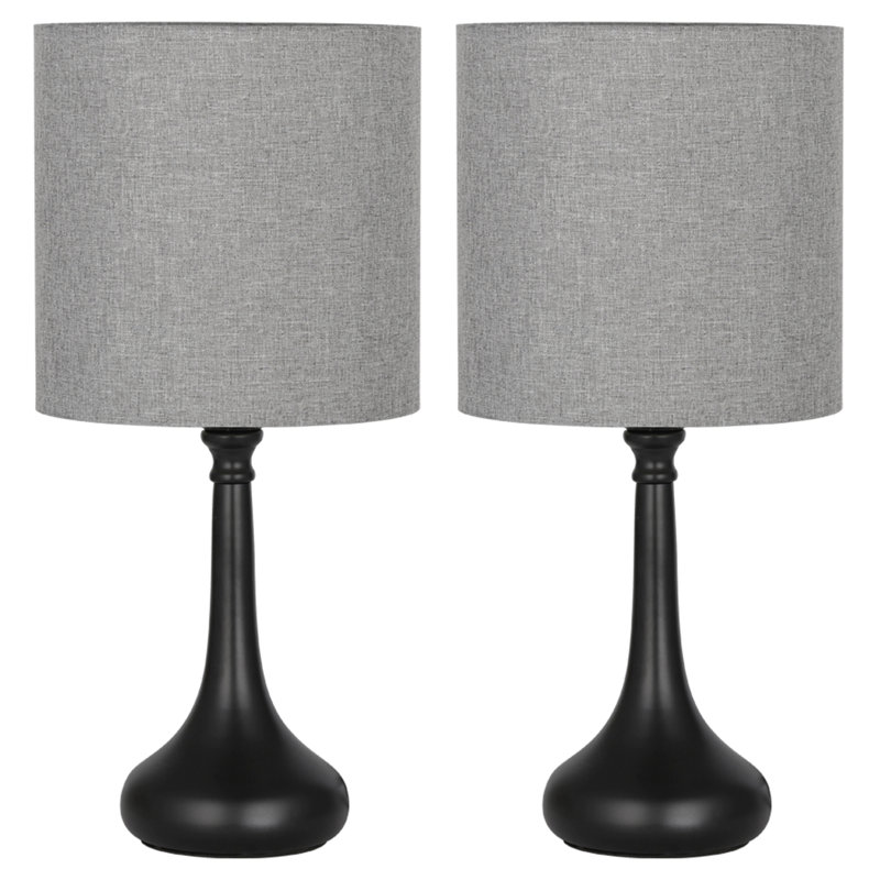 Bedside Table Lamps Line Fabric Lampshade Metal Lamp Base, Gray, Black, 16.2" H x 7.1" W x 7.1" D