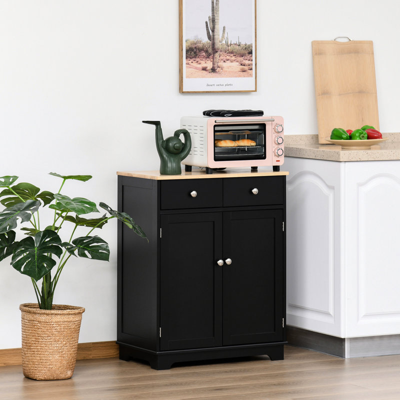 Armoire de rangement latérale - noir avec comptoir en bois massif. 2 tiroirs, tablette réglable pour une surface propre et bien rangée.