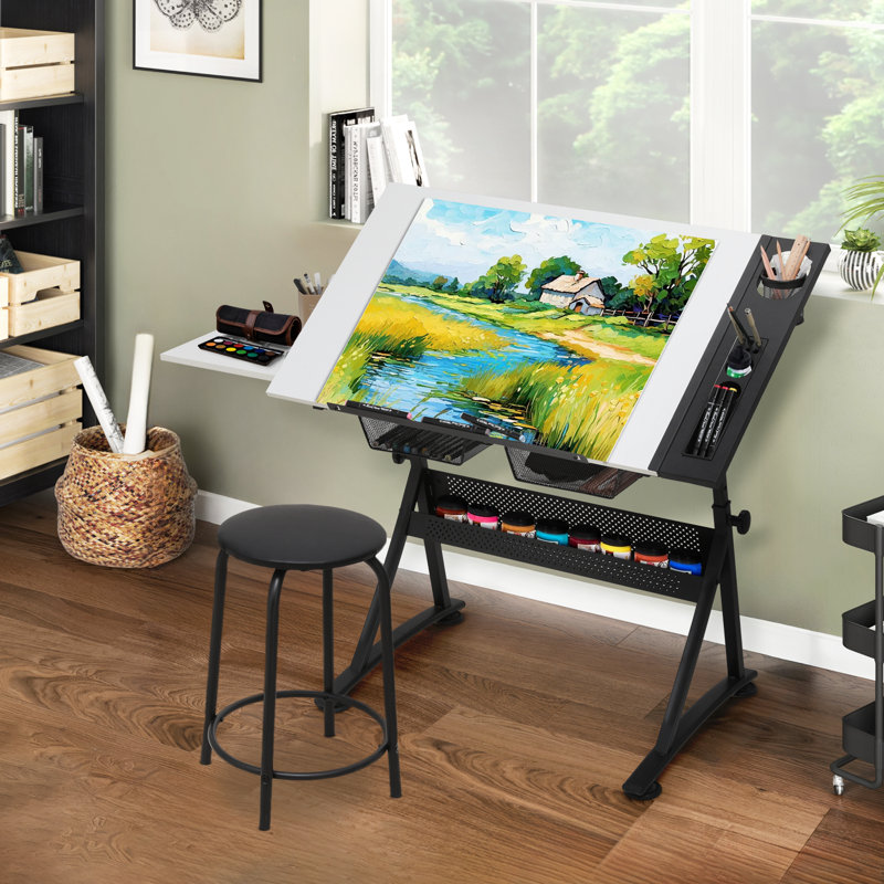 Poste de travail et table à dessin avec tabouret, table à dessin avec plateau coulissant et tiroirs