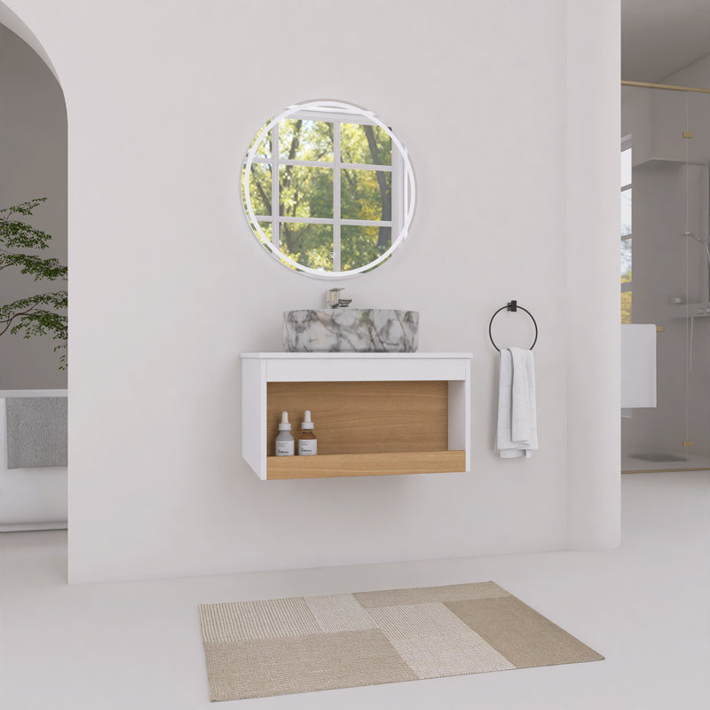 Meuble-lavabo flottant 24 po avec lavabo vasque rond en céramique, rangement ouvert, Gris