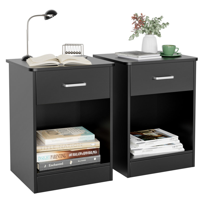 Table de chevet en bois avec tiroir Ignacio H 23,6 po, Noir, Ensemble de 2