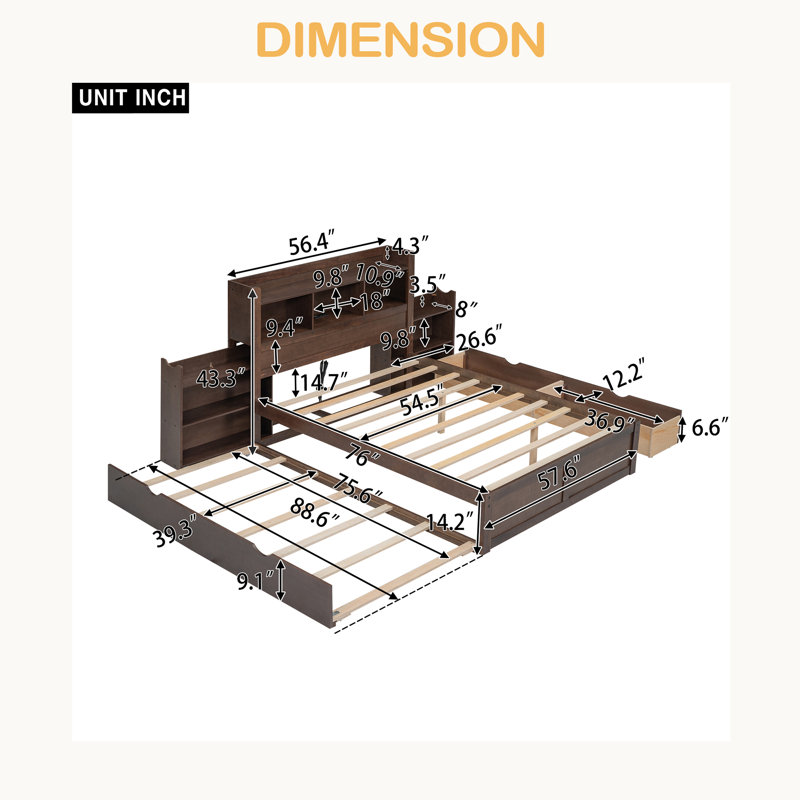 Lit plateforme pleine grandeur avec tablettes coulissantes, lit gigogne simple et 2 tiroirs, Espresso