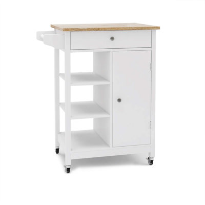 Adjustable Kitchen Island Trolley Cart With Towel Rack And Durable Rubber Wood Table Top For Extra Storage