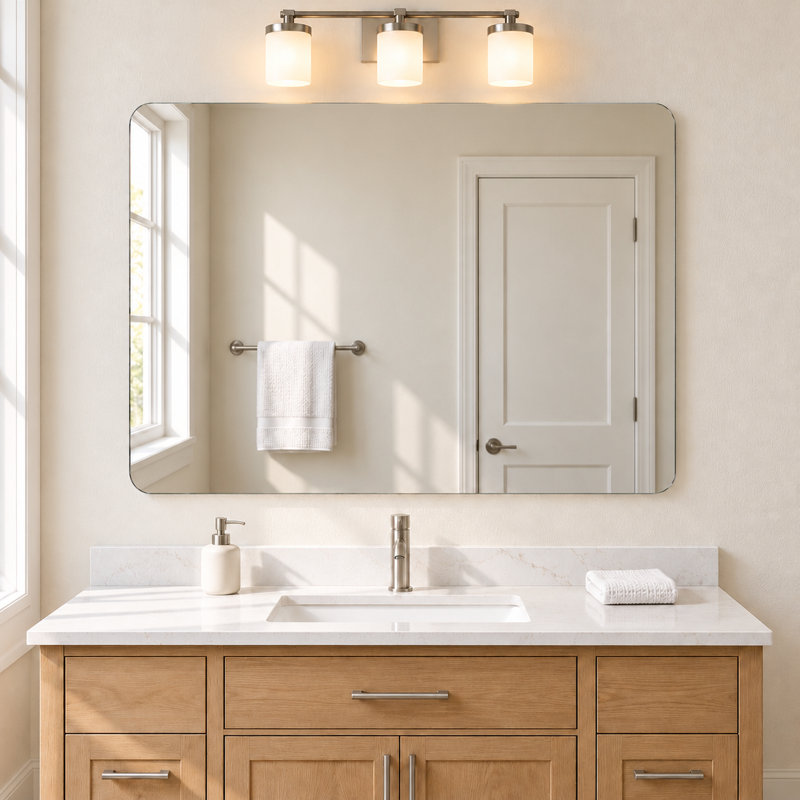 Frameless Rounded Corner Bathroom Vanity Mirror, 5mm Copper-Free Silver Glass with Safety Backing, Horizontal or Vertical Wall Mount