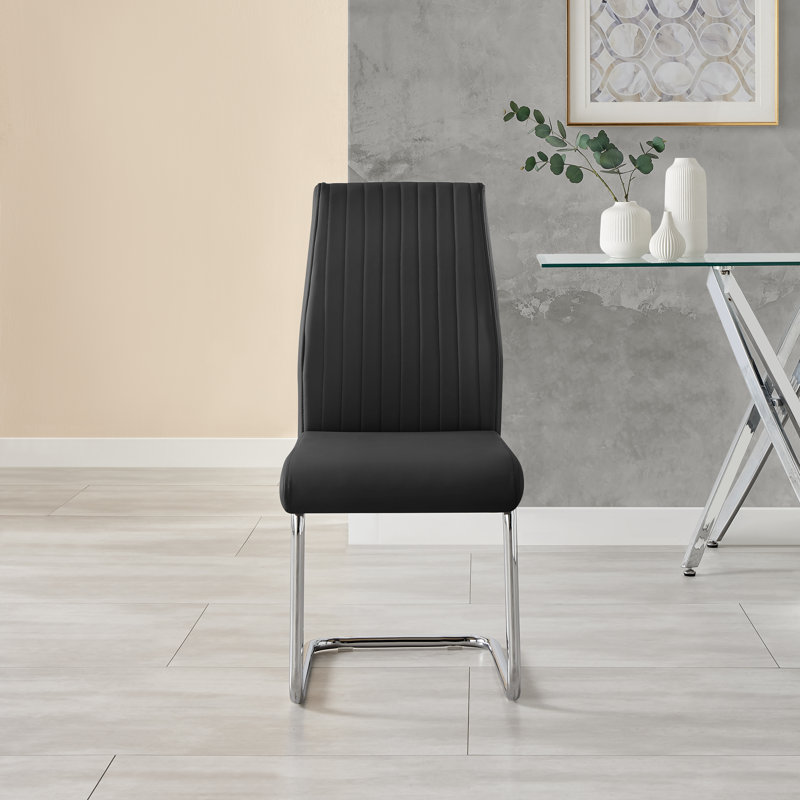 Seline Modern Round Dining Table Set in Glass and Chrome with 2 Upholstered Faux Leather Chairs, Black