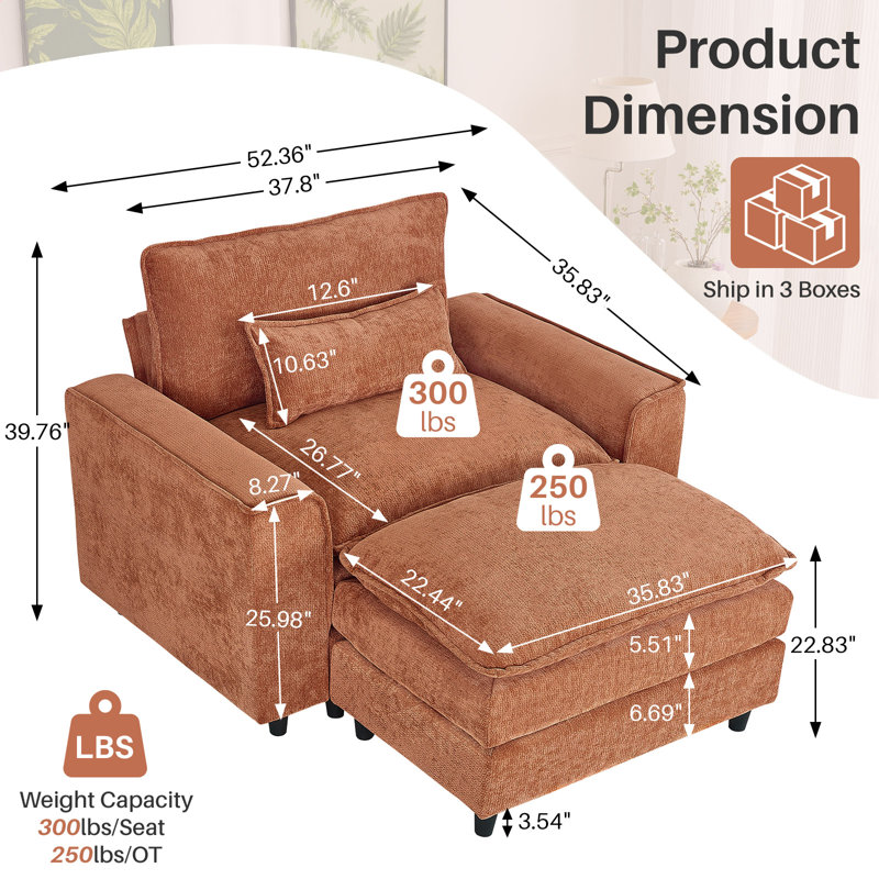 Moderne 52 po Fauteuil d'appoint modulaire en chenille 2 pièces à accoudoirs carrés avec repose-pieds et coussin, Orange