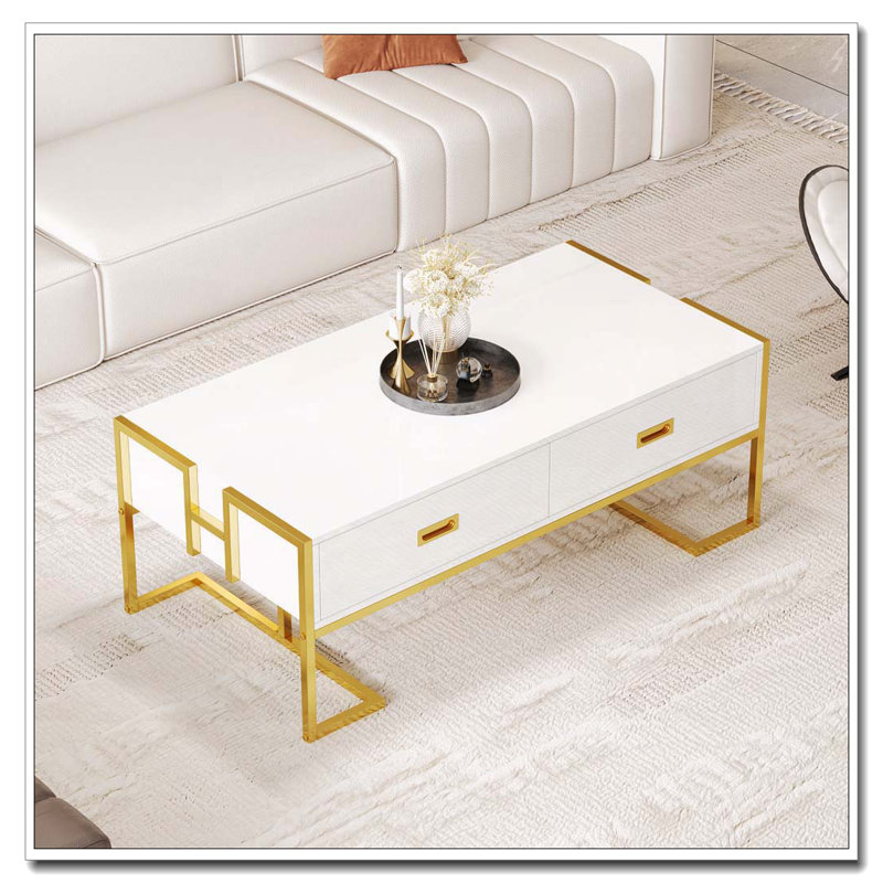 Table basse rectangulaire à 4 tiroirs et base dorée, Blanc