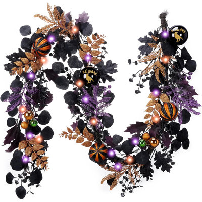  Halloween Garland for Mantel with Lights, 6 Feet Pre-Lit Jack-o'-Lantern Pumpkins and Ball Garland Decorations for Table Centerpiece Mantle Indoor Stair Home Decor