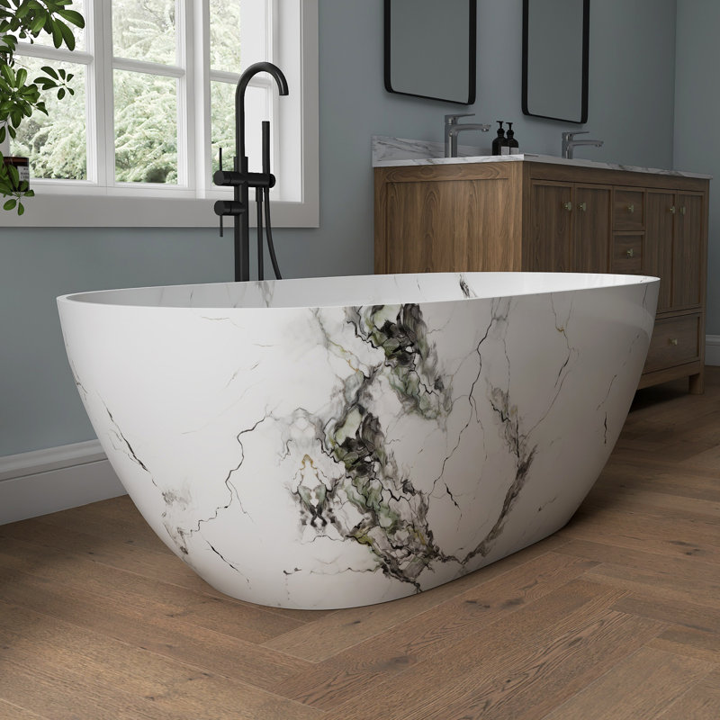 Forma 63" Marble Freestanding Tub Solid Surface Freestanding Soaking Bathtub, Marble