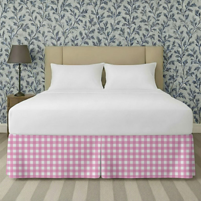 Gingham Pattern Tailored Bed Skirt 15" Drop Length, Hot Pink, Full