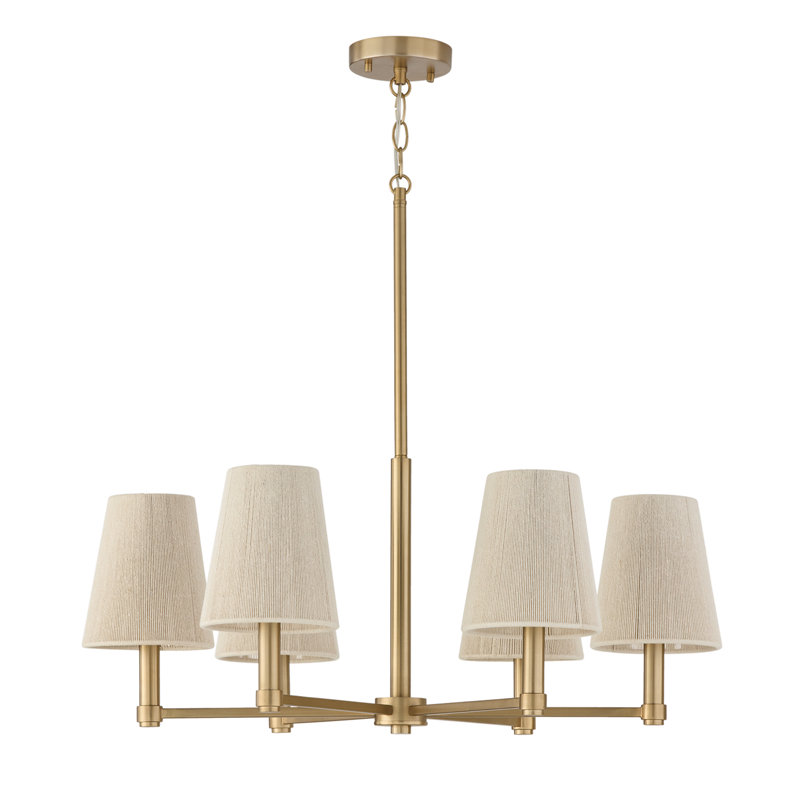 28" W 6-Light Chandelier in Matte Brass with Tapered Bleached Natural Rope Shades