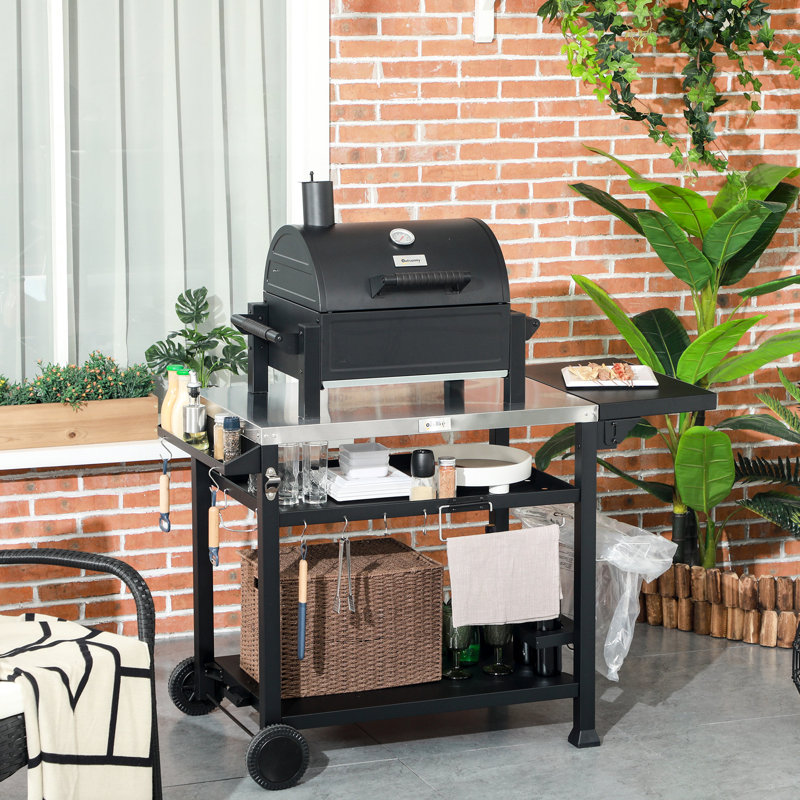 Chariot de barbecue extérieur avec tablette pliable, 46 po x 21,75 po, acier inoxydable, table de préparation, chariot de dessert mobile noir, côté