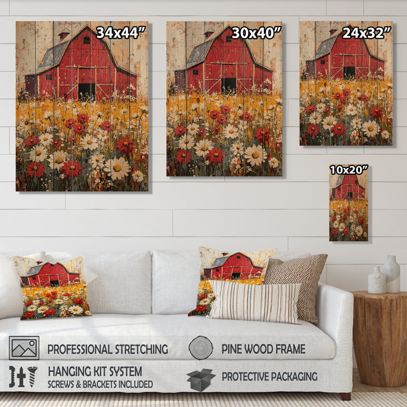 Barnyard In Full Bloom I - Farm Wood Wall Art - On Natural Pine Wood, 20" H x 10" W x 0.78" D