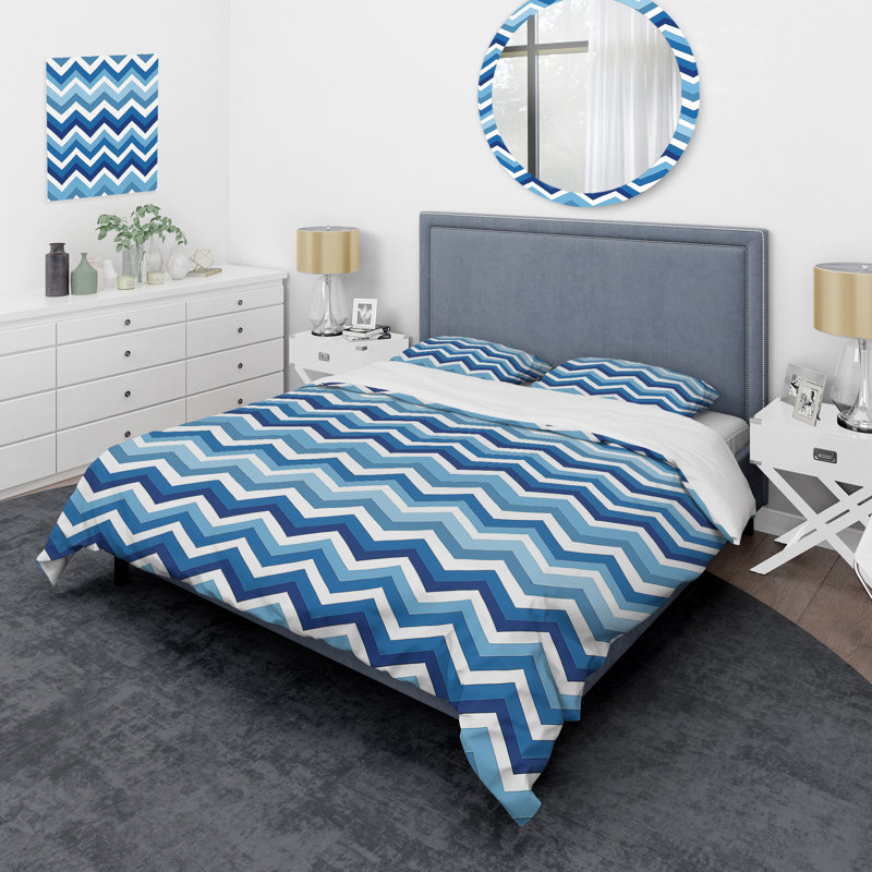 Ensemble de housse de couette moderne à motif de chevrons bleu et blanc, Housse de couette très grand et 2 très grandes t