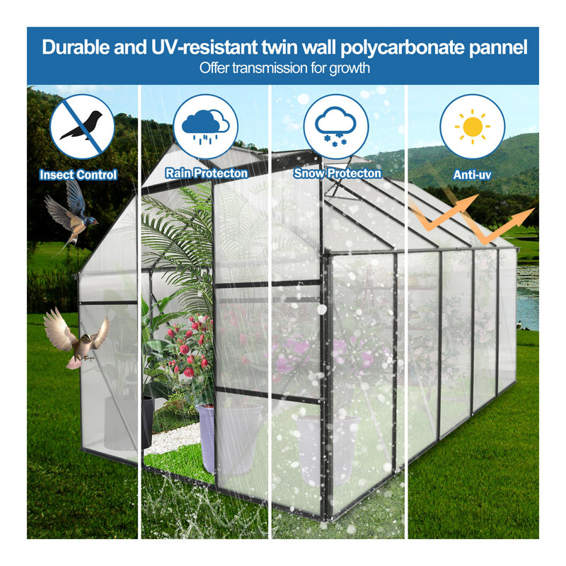 6X10 FT Polycarbonate Greenhouse Raised Base And Anchor Aluminum Heavy Duty Walk-In Greenhouses For Outdoor Backyard In All Season