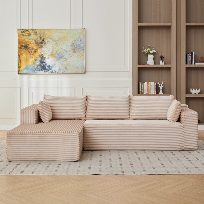 110" Wide Corduroy L Shape Sectional Couch with Chaise, Beige Corduroy