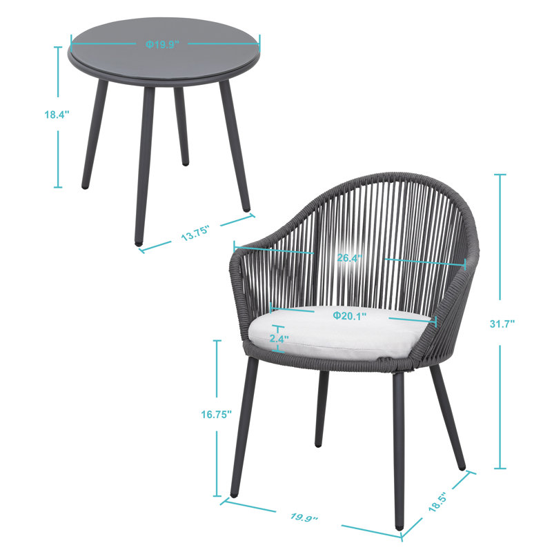 Antwonne Patio Rope 3 Piece Bistro Set With Cushions