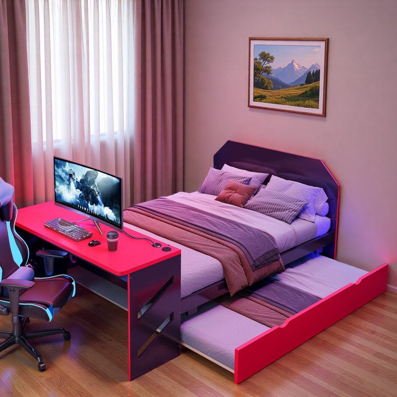 Lit de jour en bois avec couchette, bureau et port USB, Rouge