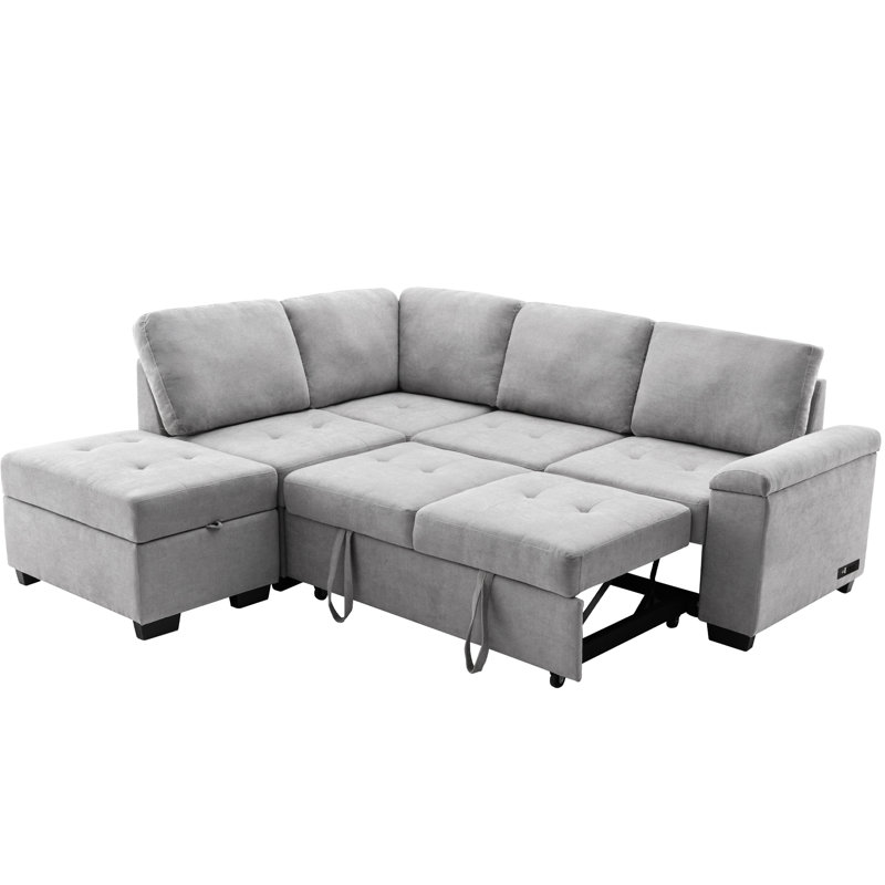 Gray Velvet Sectional With Charge & , Stylish Living Room Furniture Sleeper Armrest Storage Charge, Upholstery, Gray Velvet